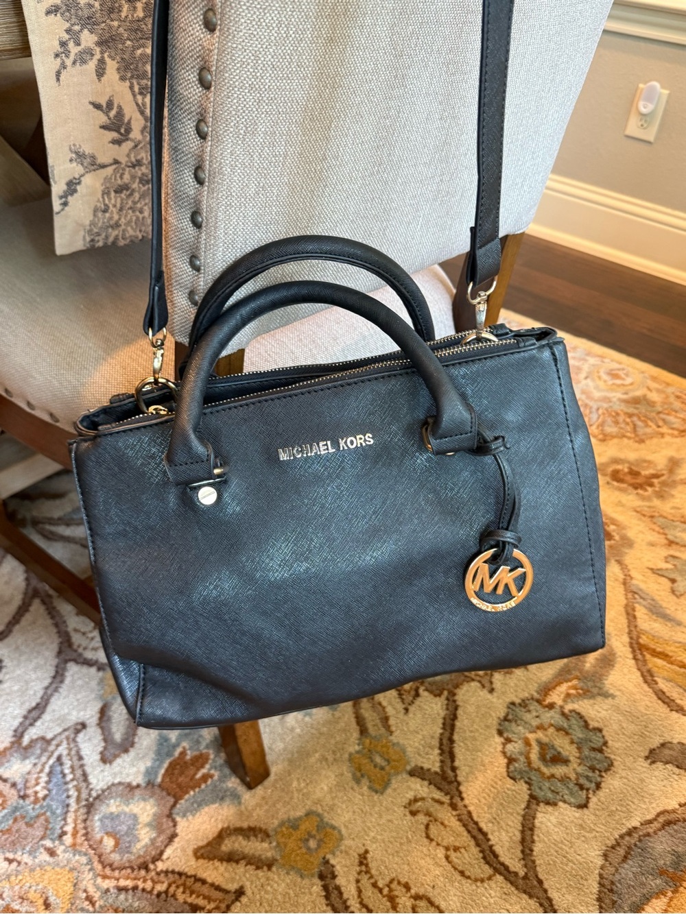 Michael Kors Black Saffiano Satchel with Gold MK Charm